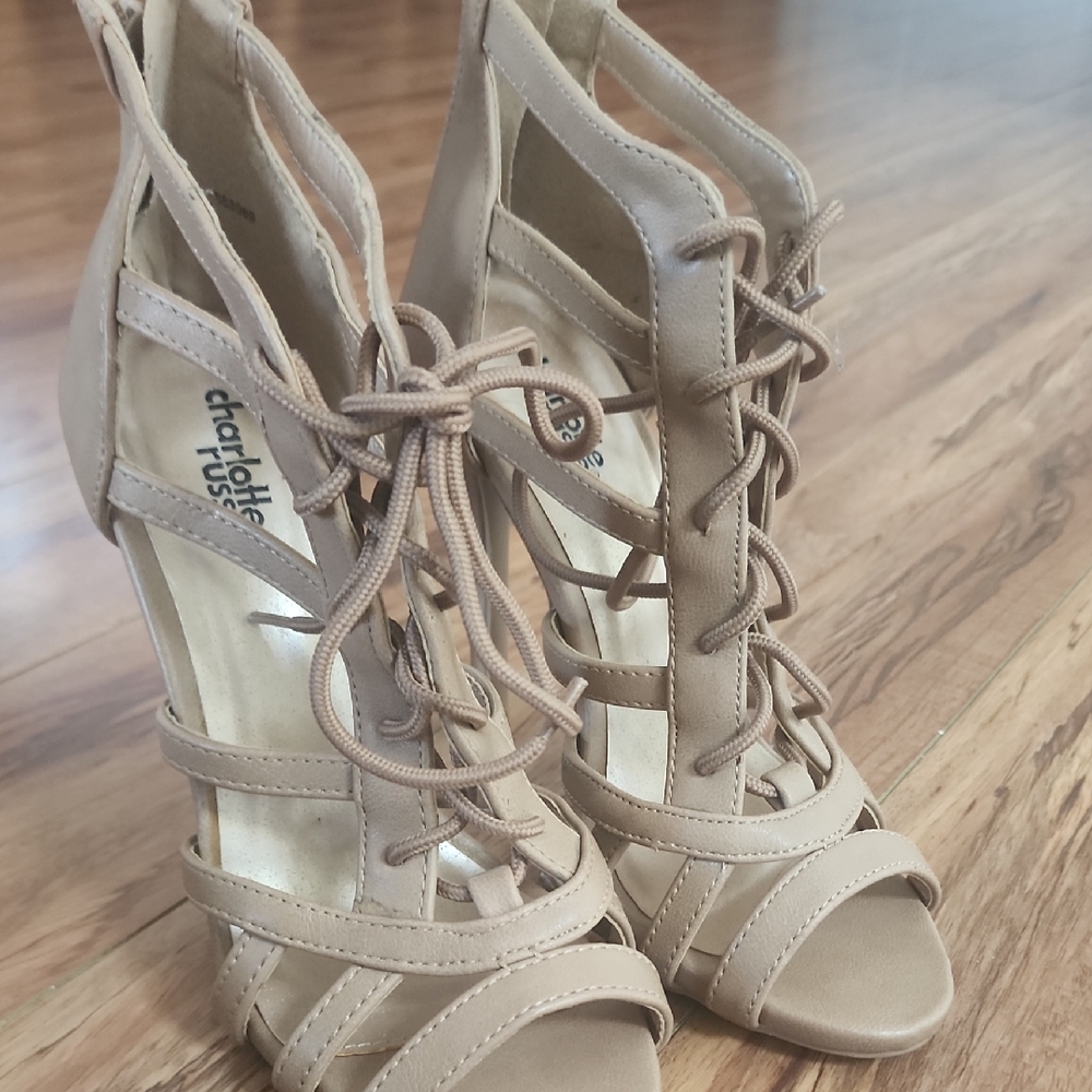 Like New: Charlotte Russe Tan Stiletto Heels with Strappy Design